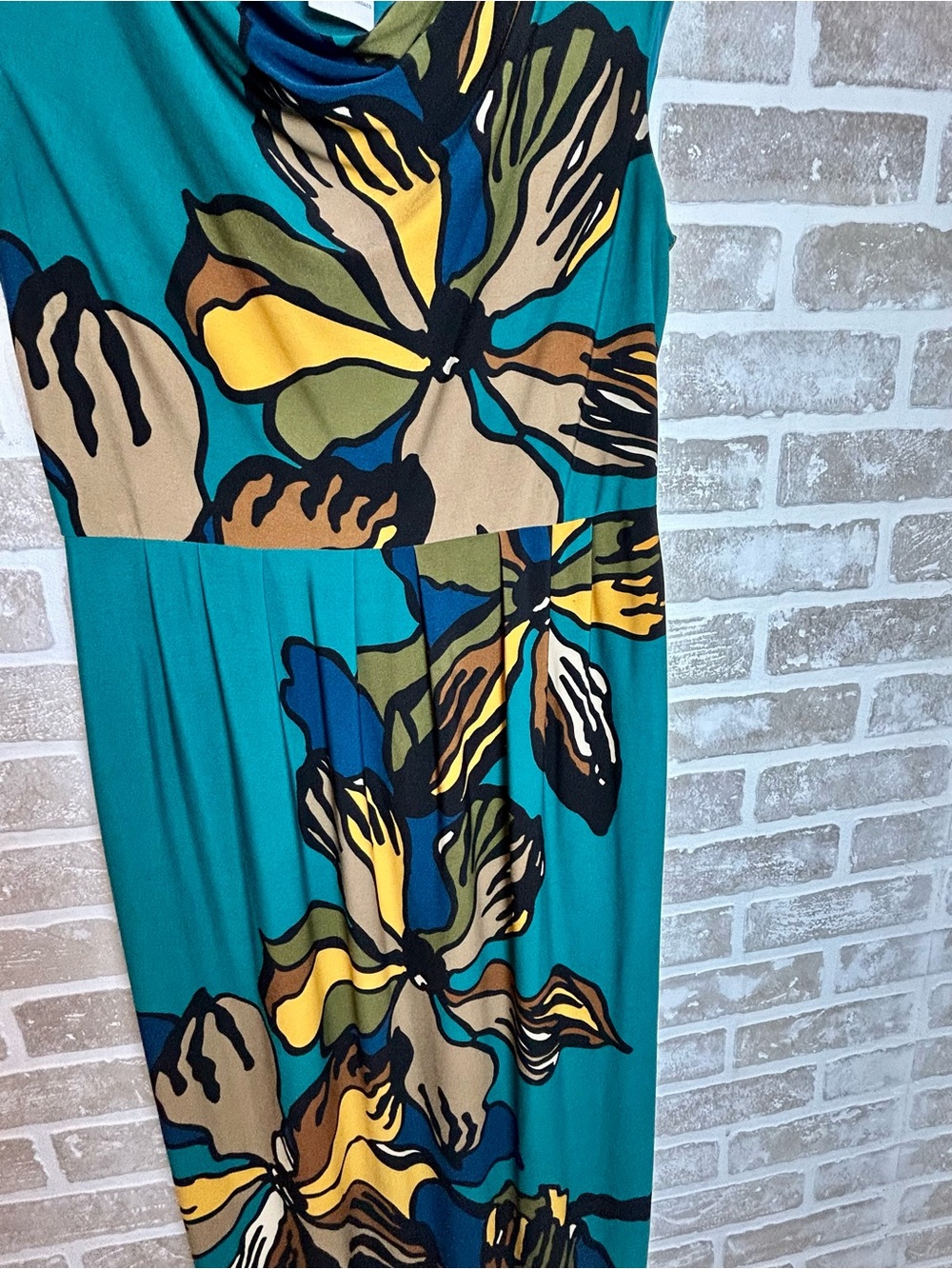 Danny & Nicole Teal Floral Maxi Dress with Yellow, Blue & Brown Accents - Picture 5 of 7